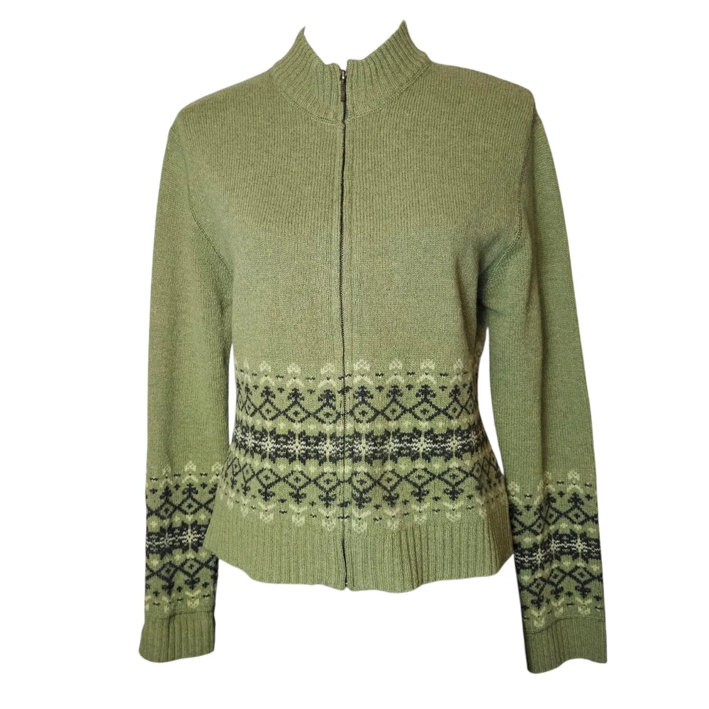 Y2K 100% Lambswool Sweater Size M Vintage Green Granola Grandma Scandi Fair Isle